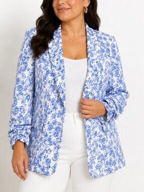 Marc New York XL Blue White Paisley Chinoiserie Ruched Sleeve Blazer
